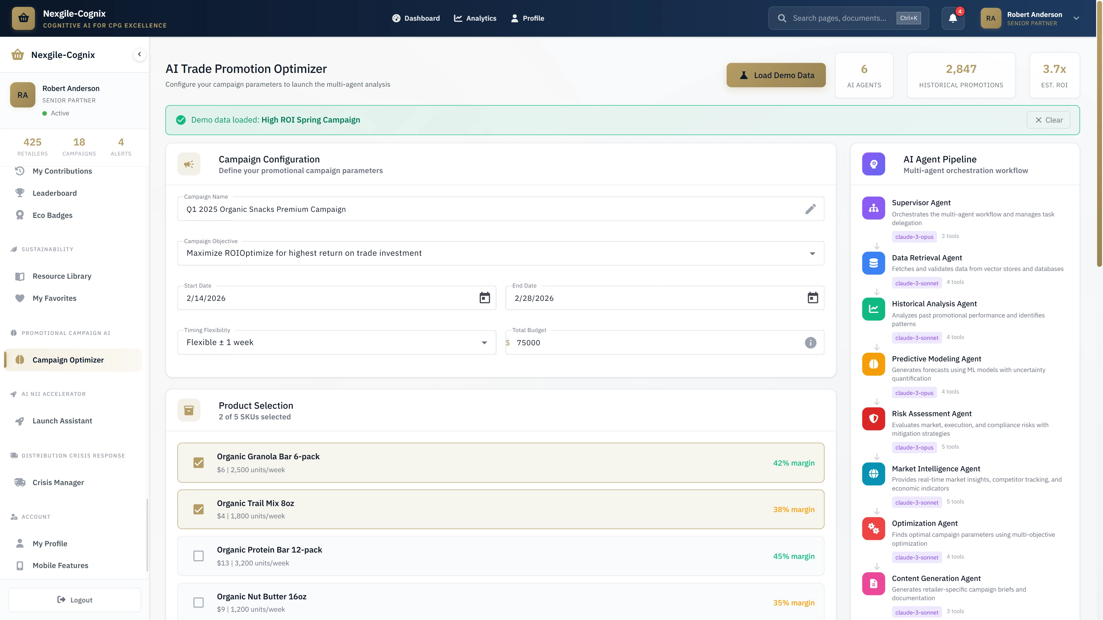 Campaign Configuration - Input form for High ROI Spring Campaign with product selection and 8-agent pipeline workflow